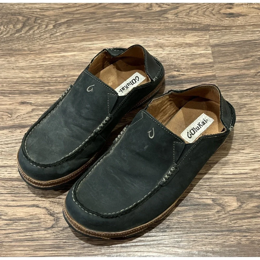 OluKai Moloa Shoes MEN US 9.5/ EU 42.5 Black Leather Slip On Loafers Comfort